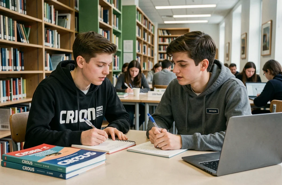 Deux étudiants participant au programme de tutorat du CROUS Bourgogne-Franche-Comté dans une bibliothèque universitaire