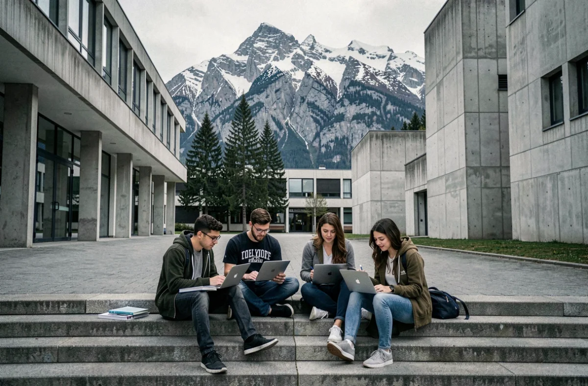 Étudiants internationaux du CUEF de l'Université Grenoble Alpes révisant sur le campus avec les Alpes en arrière-plan