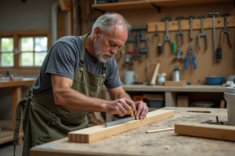 Homme débutant en bricolage mesurant une planche en bois avec précision dans un atelier maison, évitant les erreurs classiques de mesure