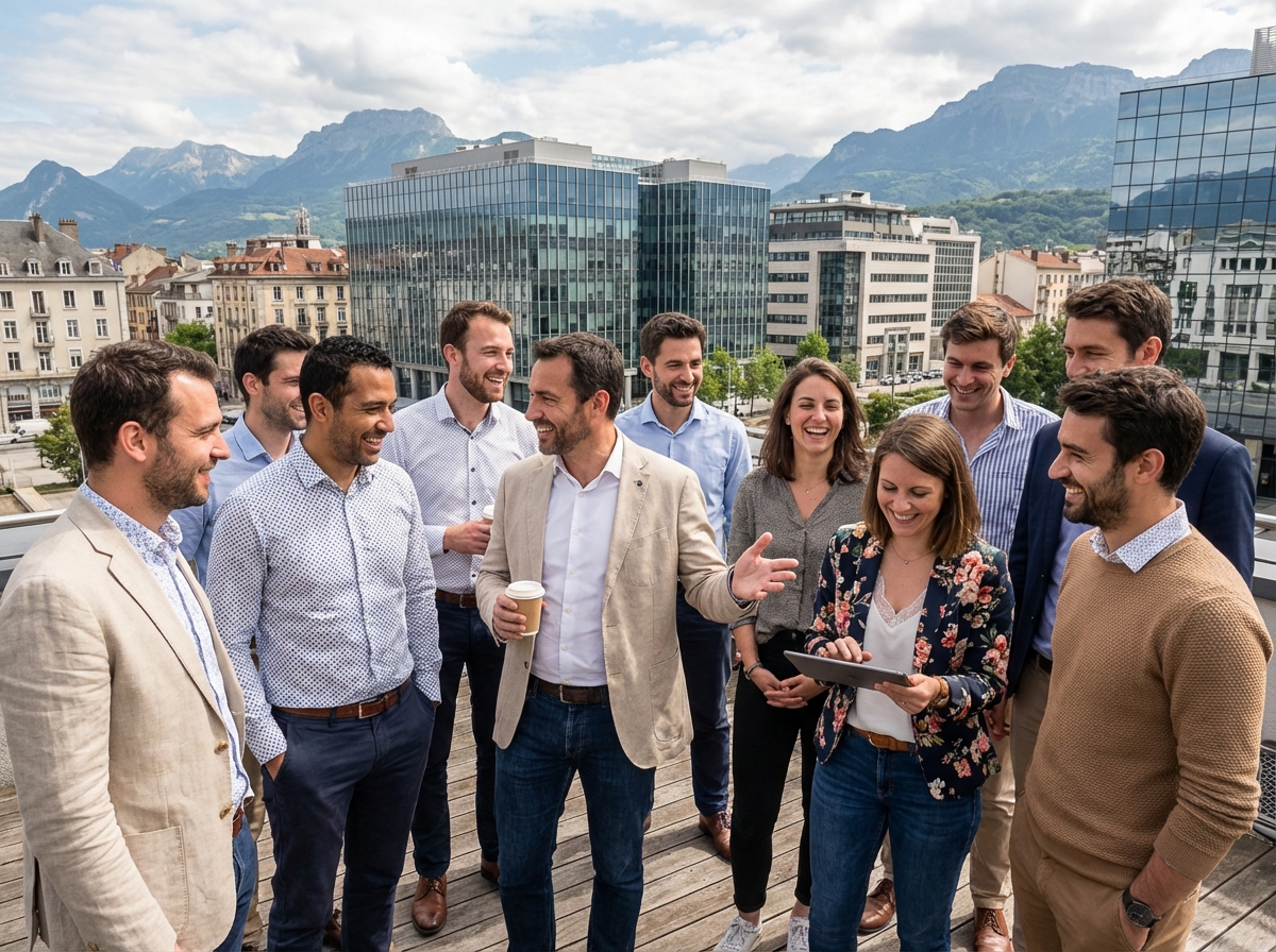 Groupe de developpeurs sur une terrasse &agrave; Grenoble