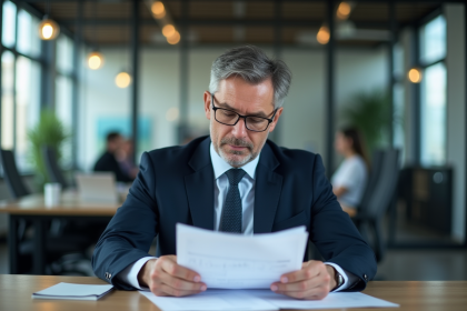 Directeur finance en costume navy dans un bureau moderne