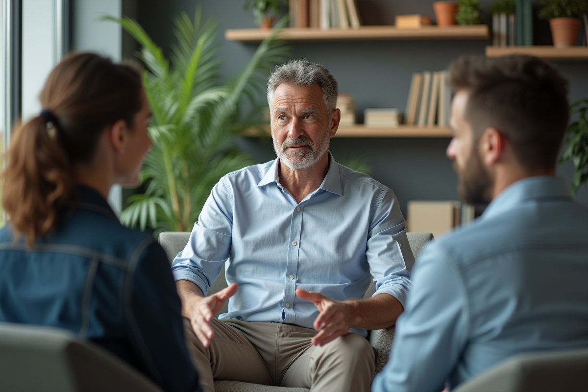 Homme en conversation avec collègues dans un bureau moderne
