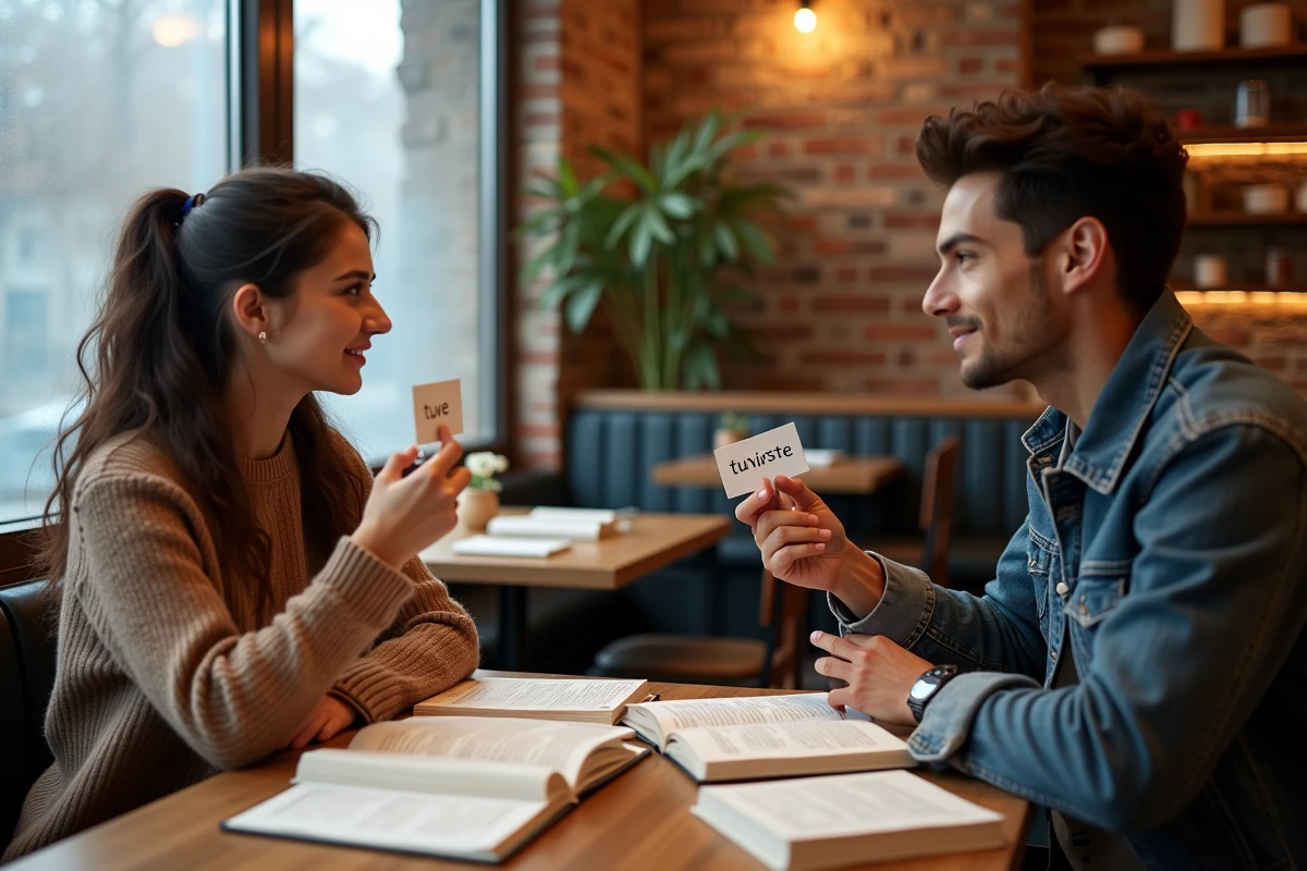 Deux étudiants en échange linguistique révisant les formes du passé simple espagnol du verbe tener avec des fiches et des livres de grammaire dans un café