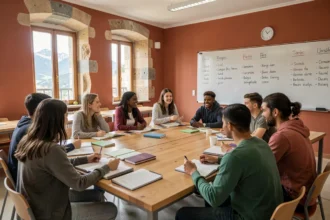 Salle de classe d'une école de langues en Auvergne-Rhône-Alpes avec des étudiants internationaux autour d'une table