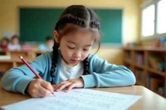 Jeune élève de CE1 lisant un texte de fluence différencié sur une feuille imprimée, assise à un bureau de classe en bois