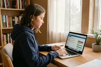 Adolescente consultant le portail scolaire Entaix sur son ordinateur portable dans sa chambre