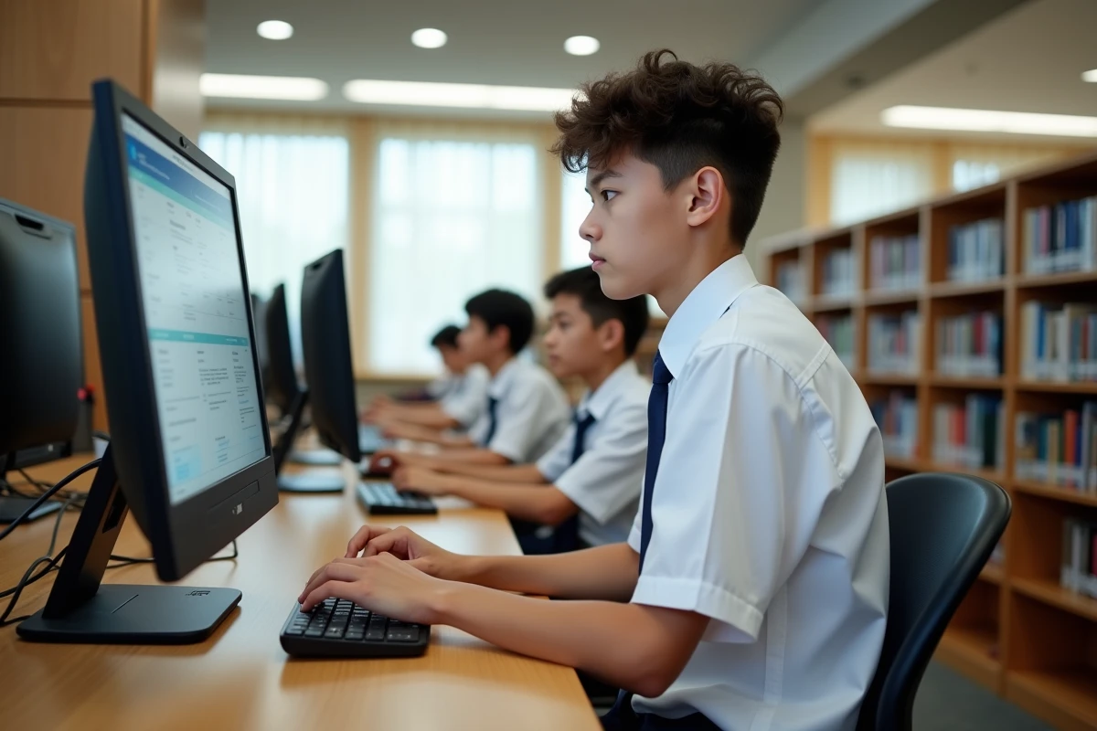 Élève d'une école privée consultant son espace numérique personnel sur le portail scolaire Easy Scol en bibliothèque