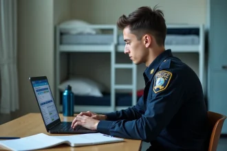 Élève policier en uniforme concentré sur la plateforme ECampus Poli lors d'une session de formation en ligne dans sa chambre d'internat