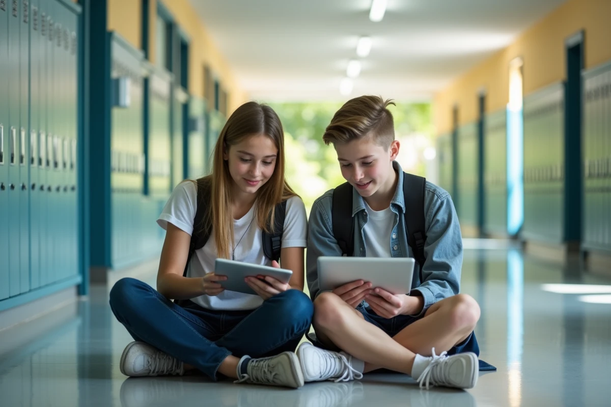 Deux adolescents collaborant sur une tablette