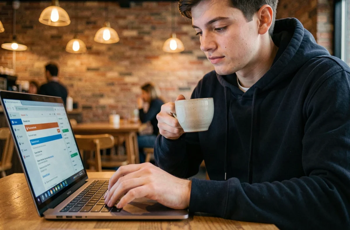 Jeune adulte dans un café vérifiant l'email de réinitialisation de mot de passe reçu après avoir cliqué sur mot de passe oublié