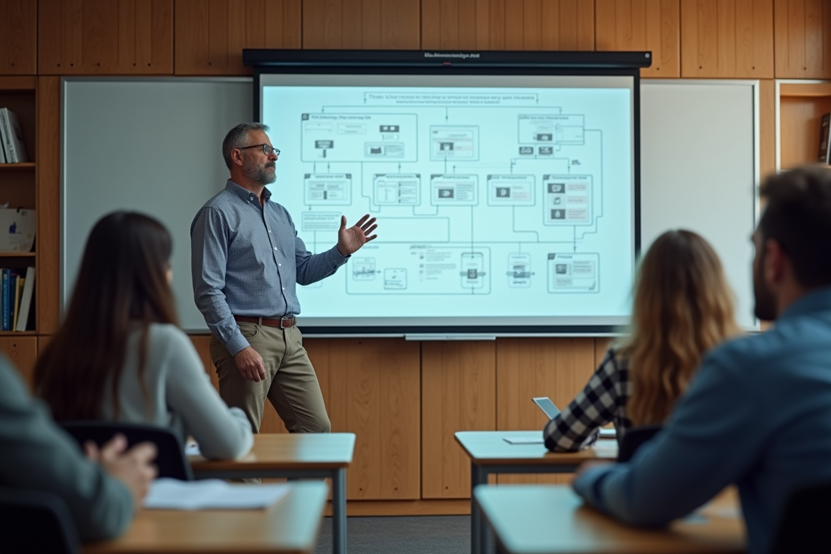 Homme en classe expliquant un diagramme digital