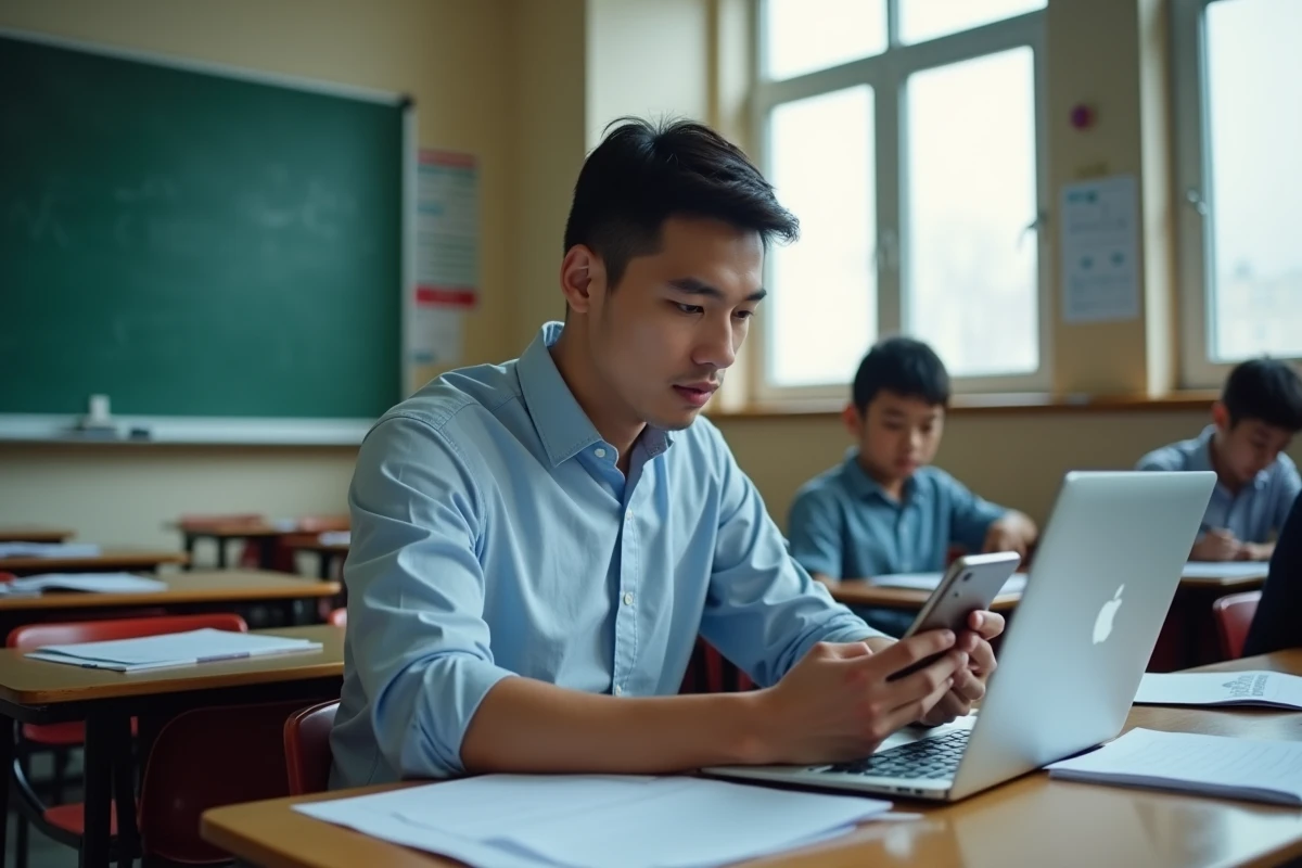 Enseignant expliquant à un lycéen comment activer les notifications utiles de l'application ENT91 sur smartphone en salle de classe
