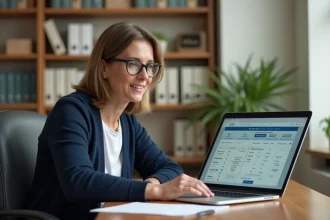 Enseignante d'une école privée utilisant un logiciel de gestion scolaire Easy Scol sur ordinateur portable dans son bureau