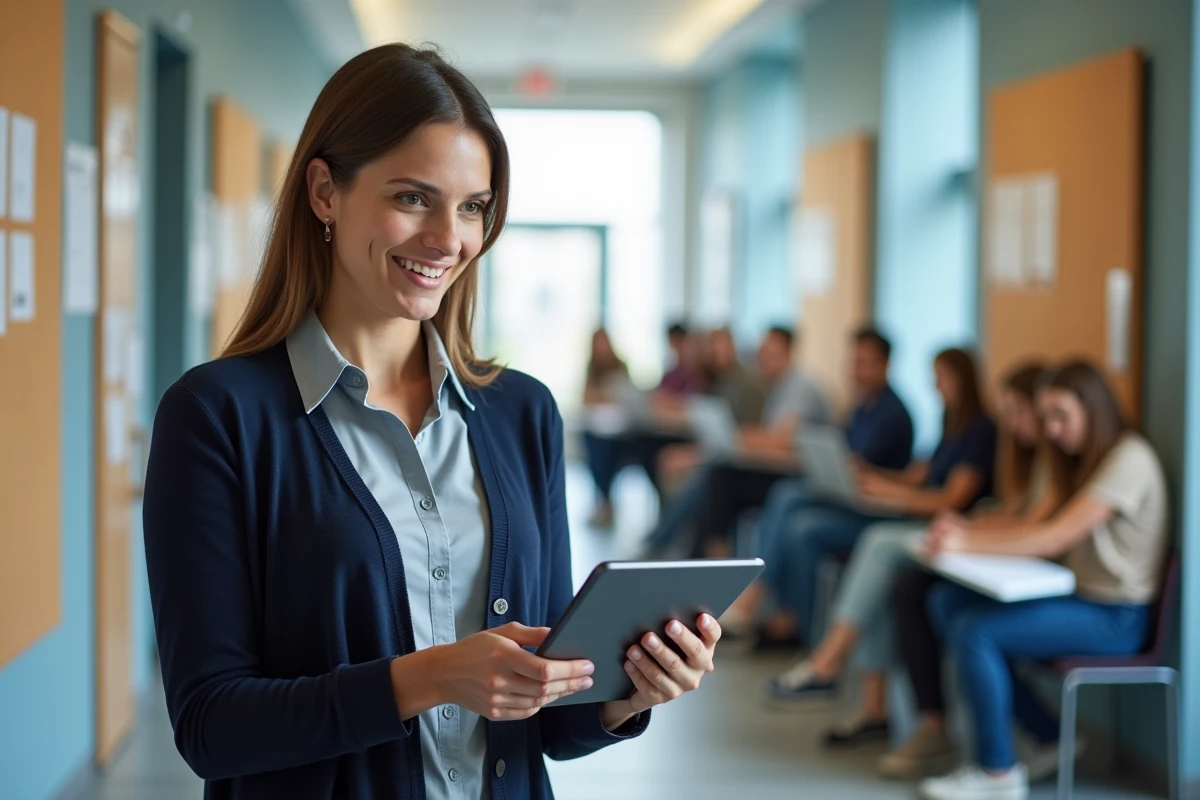 Enseignante discutant avec des étudiants dans un couloir lumineux