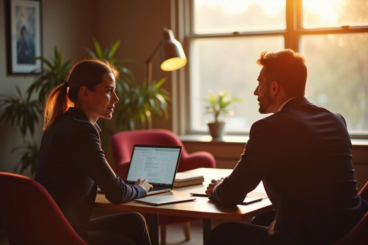 Deux professionnels en séance de coaching dans un salon chaleureux
