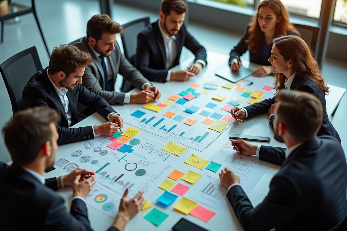 Equipe d'affaires diverse analysant des graphiques colorés