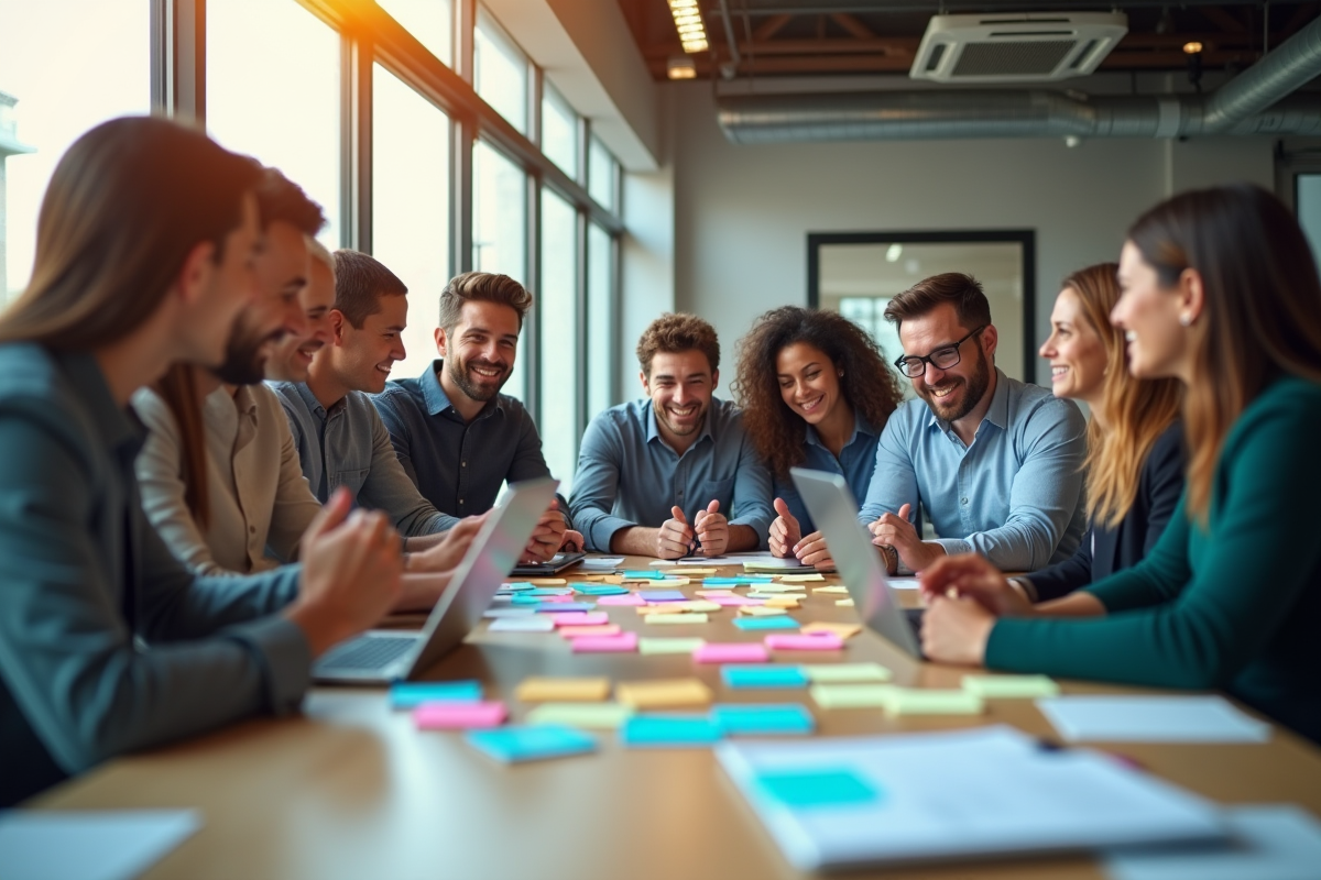 Groupe diversifié en brainstorming dans un bureau lumineux