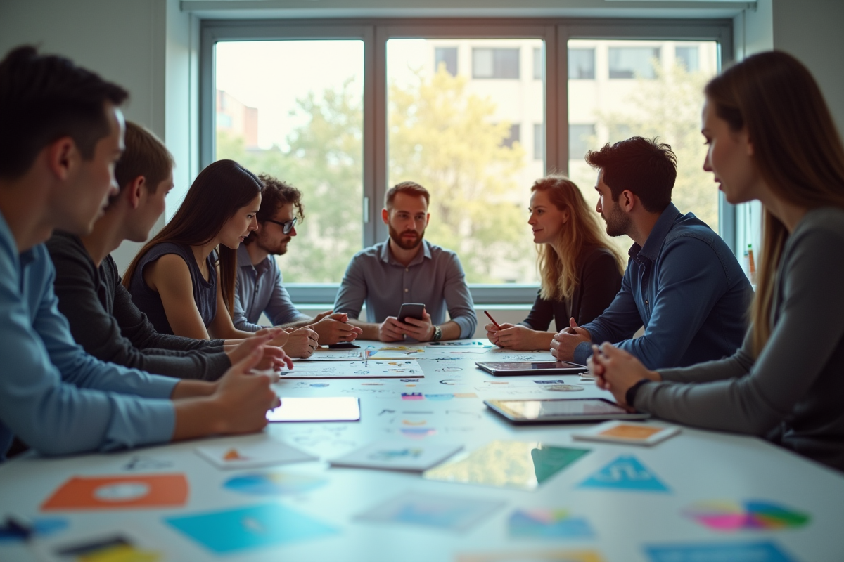 Equipe en brainstorming avec matériaux publicitaires créatifs
