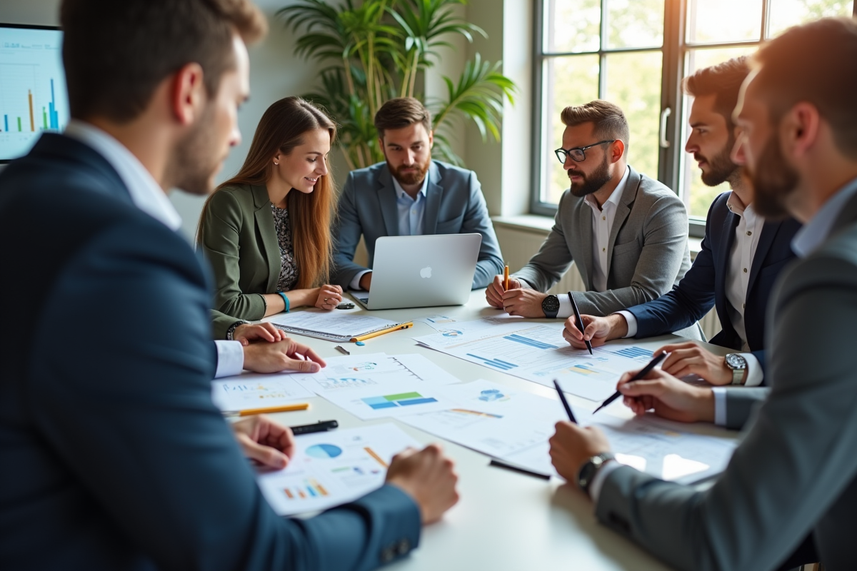 Equipe diverse en réunion pour plan de communication