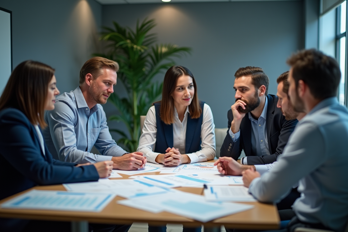 Equipe en réunion discutant des normes de qualité avec graphiques