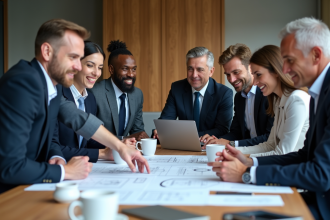 Groupe de professionnels en réunion autour de plans architecturaux