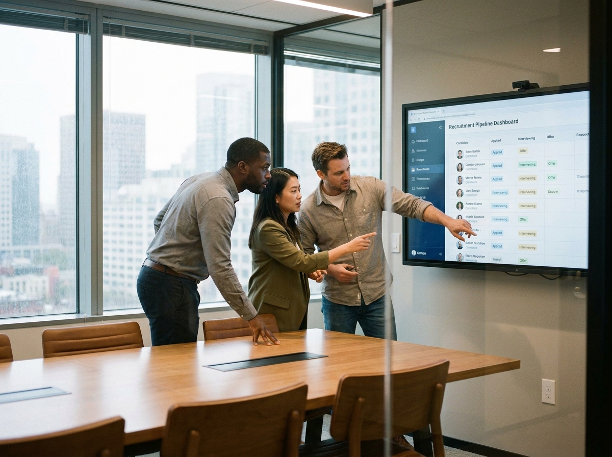 Équipe RH analysant un tableau de bord de recrutement en volume sur un écran en salle de réunion