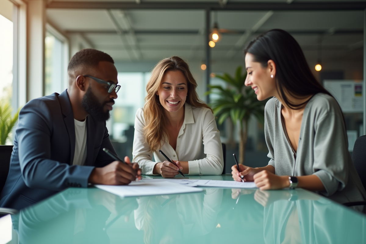 Trois professionnels en brainstorming dans un bureau lumineux