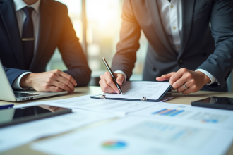 Deux entrepreneurs comparant des documents officiels sur leur bureau