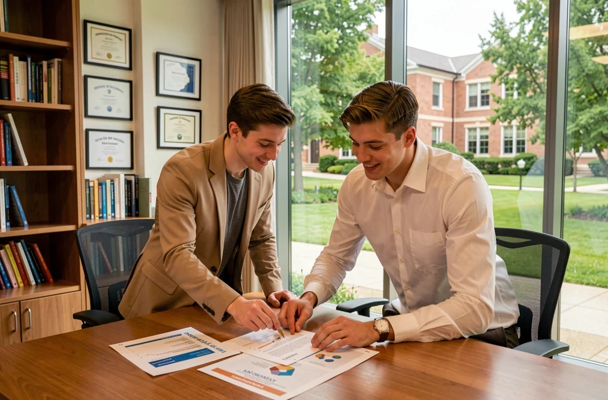 Deux étudiants en école de management collaborant sur un projet à l'ESSCA School of Management campus d'Angers
