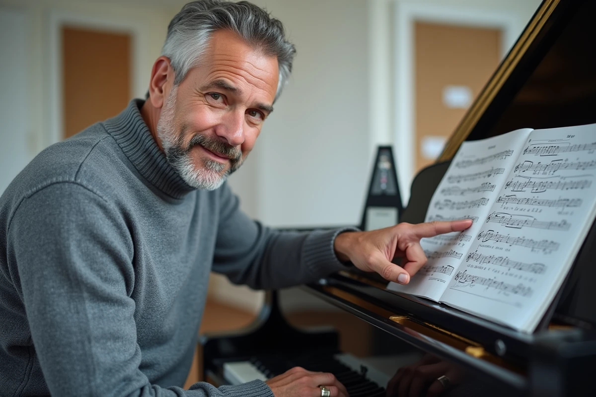 Homme pianiste étudiant la clé de FA sur une partition posée sur un piano à queue dans une école de musique