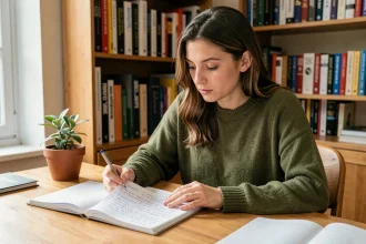 Jeune femme étudiant la grammaire espagnole dans un bureau chaleureux, avec des notes manuscrites sur l'imparfait et le subjonctif
