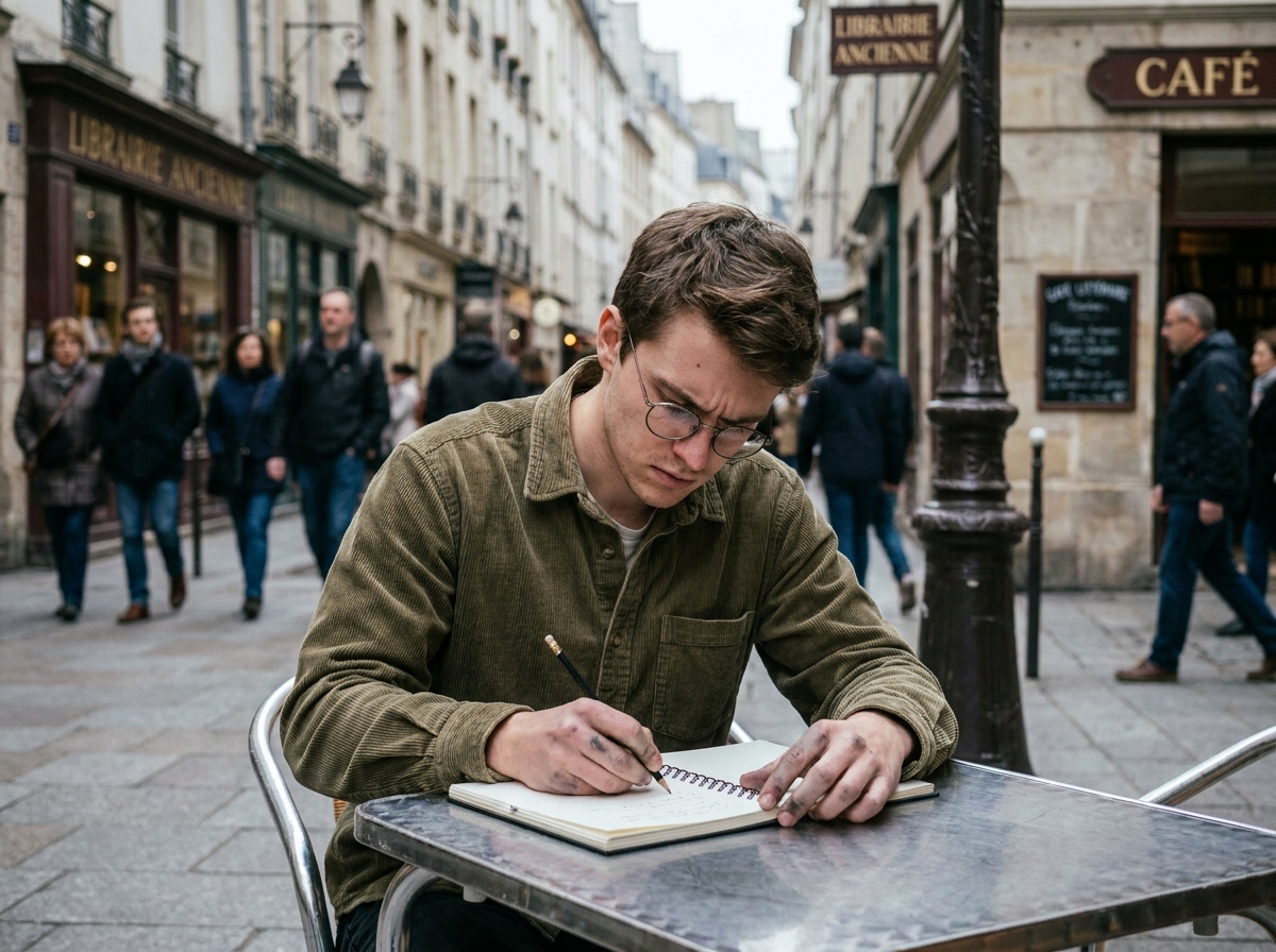 Étudiant écrivant dans un carnet dans un café de rue animé, concentré parmi l'effervescence urbaine