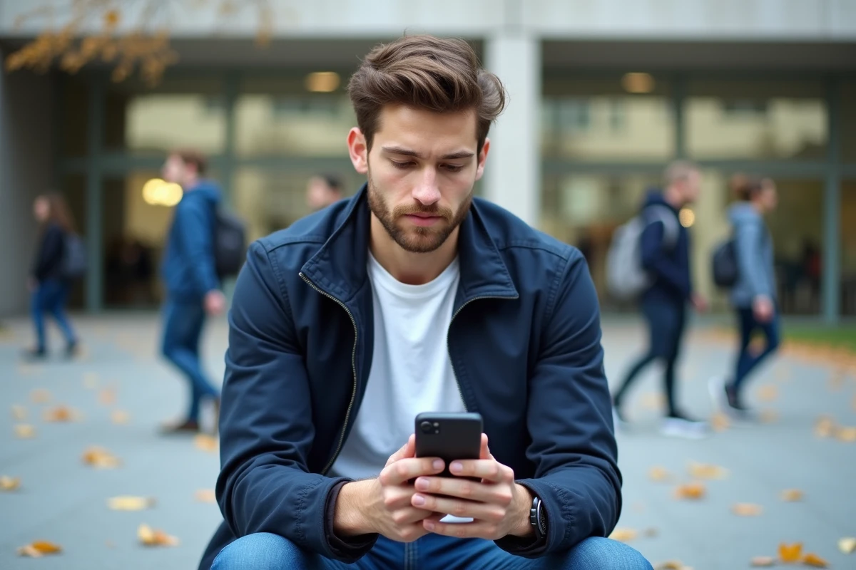 Étudiant masculin consultant son emploi du temps sur l'ENT Unice depuis son smartphone en extérieur sur le campus