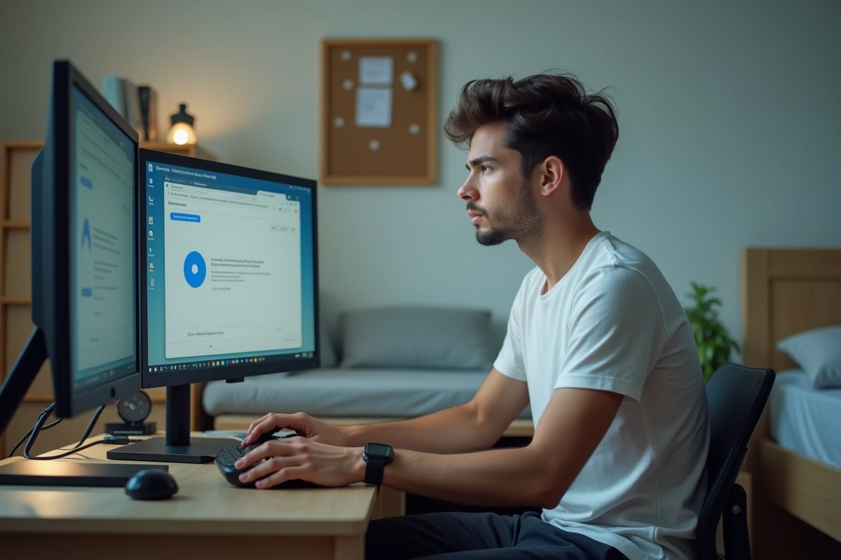 Étudiant face à une erreur de connexion sur le portail Cristolink UPEC dans sa chambre universitaire