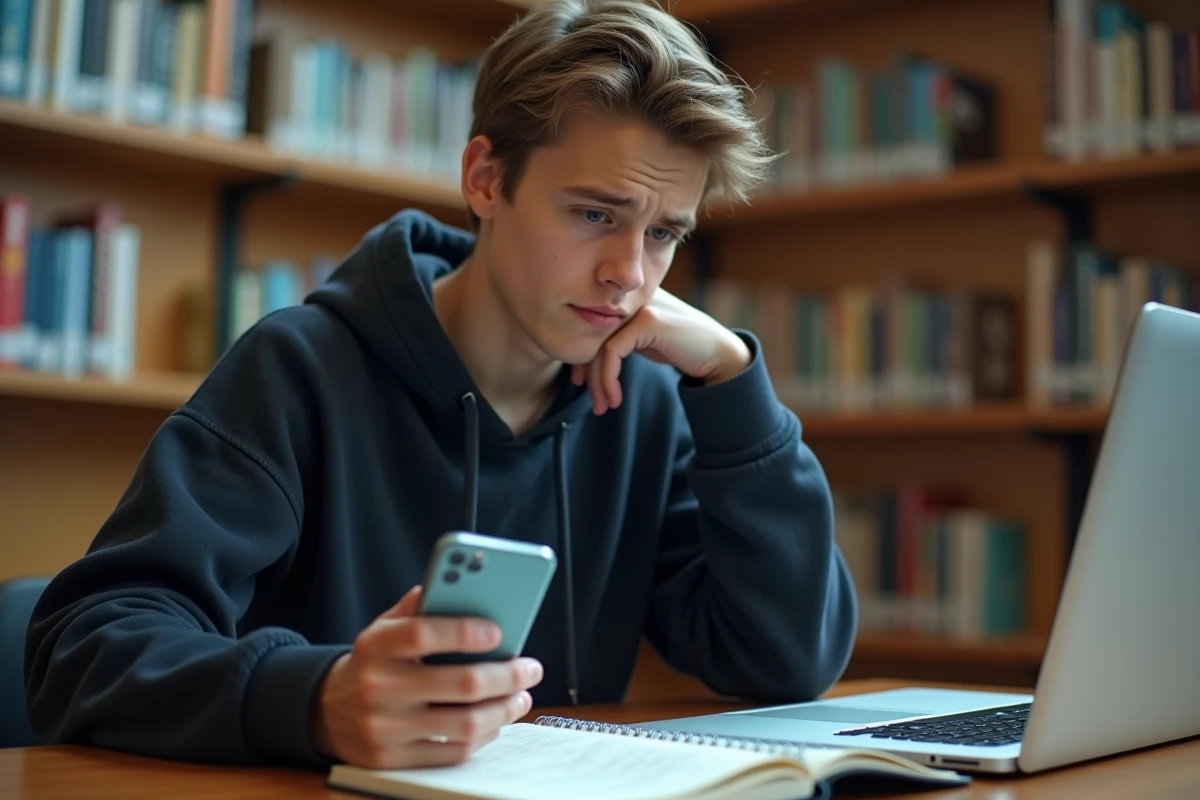 Lycéen consultant son téléphone face à une erreur de connexion au site Cyclades en bibliothèque