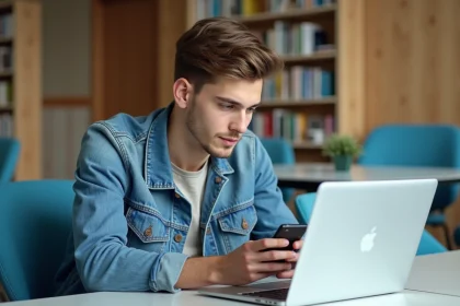 Jeune &eacute;tudiant utilisant son smartphone dans une biblioth&egrave;que moderne