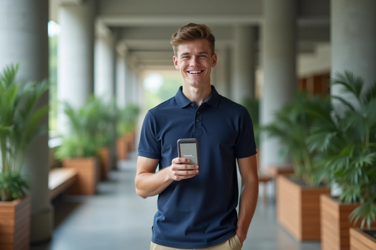 Étudiant consultant PSB Extranet sur smartphone dans un espace commun du campus
