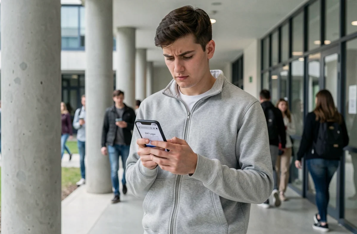Étudiant consultant son smartphone dans un couloir universitaire pour résoudre un problème de connexion à l'ENT Clermont Auvergne