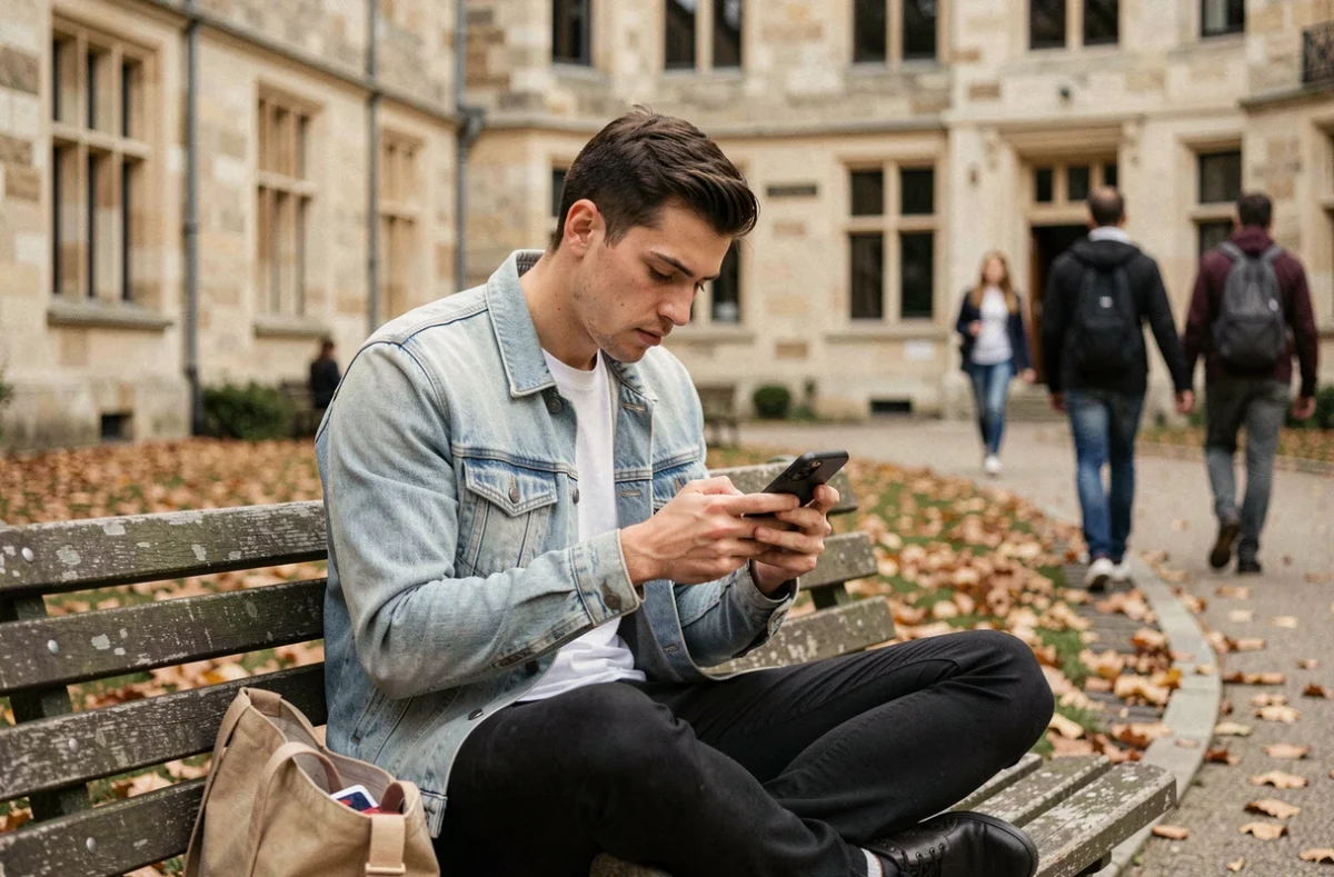 Étudiant consultant son emploi du temps universitaire UPVD sur smartphone dans la cour du campus