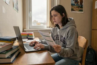 Étudiante frustrée devant son ordinateur portable essayant d'accéder à l'emploi du temps UPVD à la rentrée