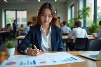 Étudiante en école de commerce analysant le classement SIGEM 2026 avec des documents imprimés sur un bureau de campus moderne