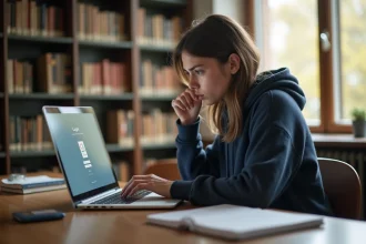 Étudiante connectée au portail Cristolink UPEC sur un ordinateur portable dans une bibliothèque universitaire