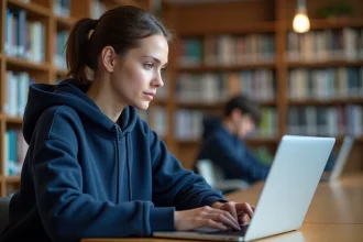 Étudiante consultant ses notes sur le portail ENT depuis un ordinateur portable dans une bibliothèque universitaire