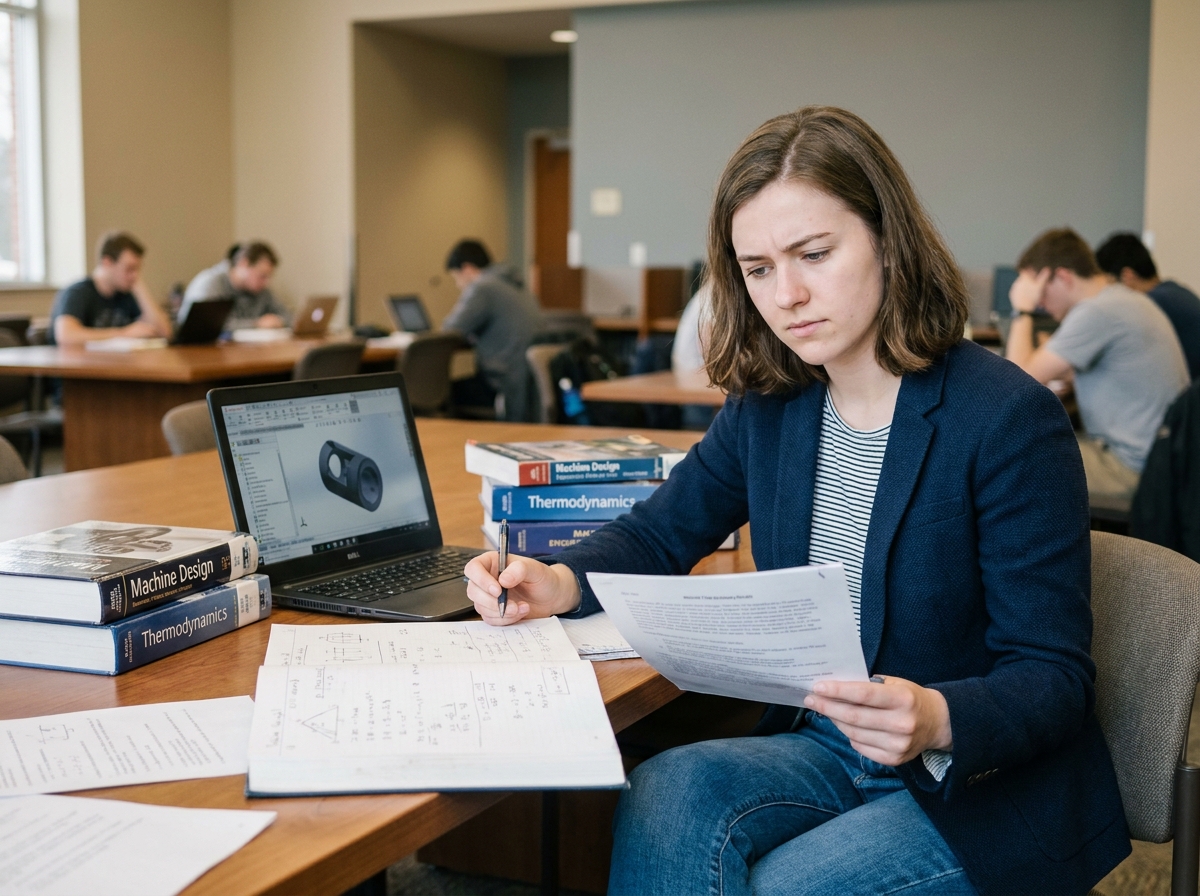 Étudiante en cursus ingénieur classique travaillant dans une salle d'étude universitaire avec des manuels techniques