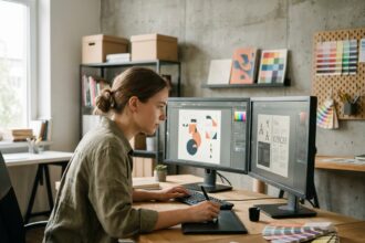 Étudiante en design graphique travaillant sur deux écrans dans un studio créatif moderne avec tablette graphique et guides Pantone