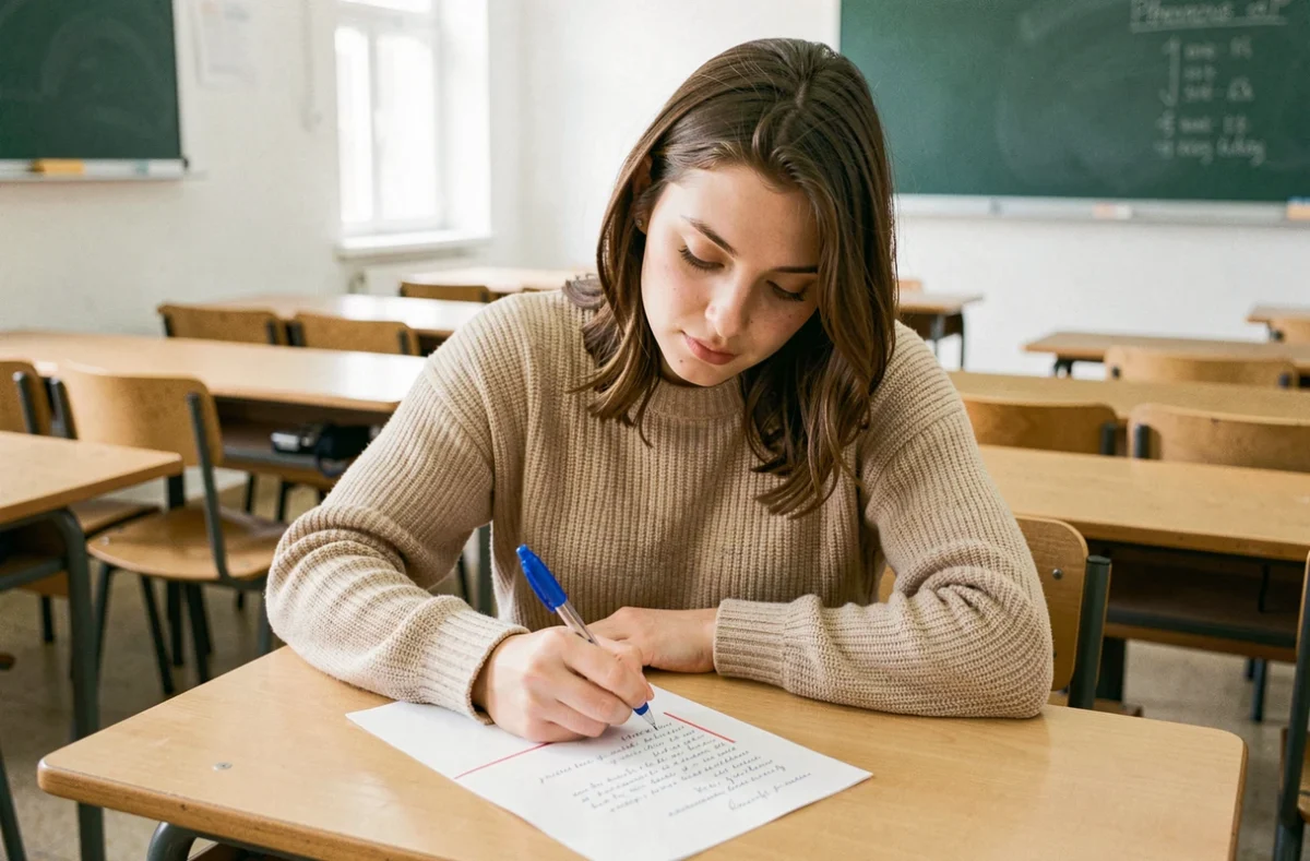 Jeune femme écrivant une dictée sur une feuille séyès avec marge rouge dans une salle de classe