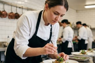 Étudiante en école de restauration dressant une assiette gastronomique lors d'un cours de cuisine professionnel