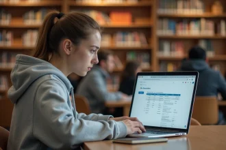 Étudiante consultant le portail ENT Unice sur son ordinateur portable dans une bibliothèque universitaire moderne