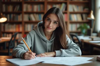 Étudiante en mathématiques travaillant sur l'inversion d'une matrice 2x2 dans une bibliothèque universitaire
