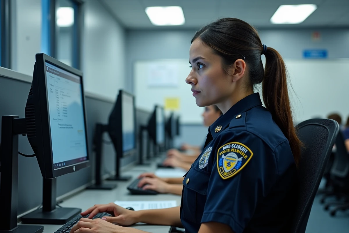 Étudiante en école de police utilisant ECampus Poli dans une salle informatique de centre de formation professionnelle